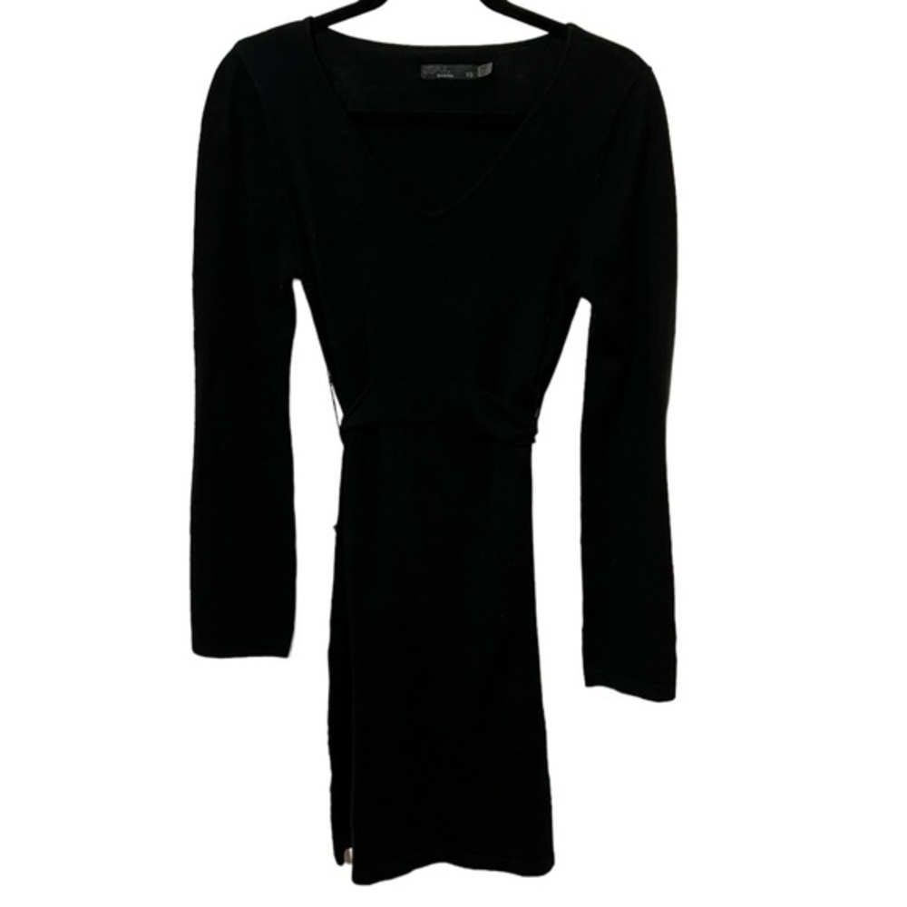 PrAna Black knee Length Dress With Tie Belt Oversized Long Sleeves Size XS